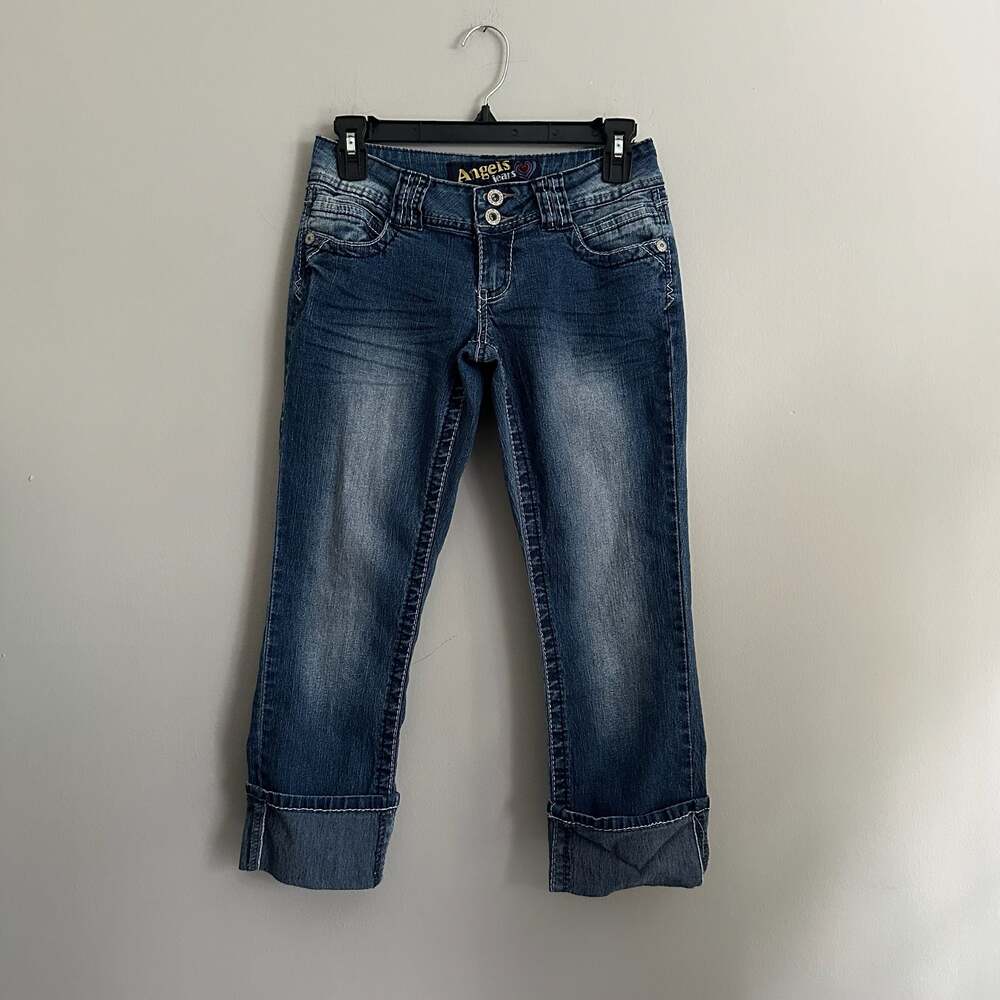Vintage Y2K Angels Capri Jeans Women's Embellished Pocket Cuffed Denim Capris